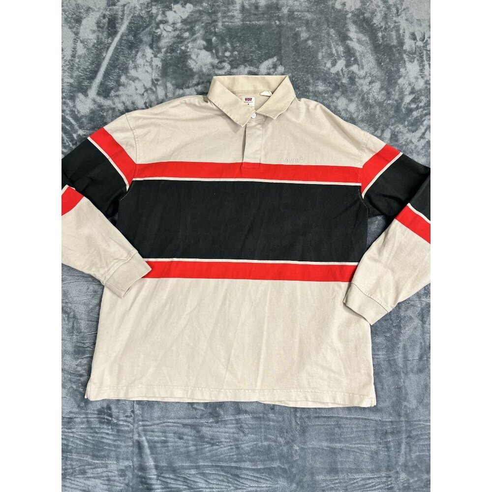 Levis Mens Oversized Rugby Polo Shirt Beige Black Red Stripes Long Sleeve Large